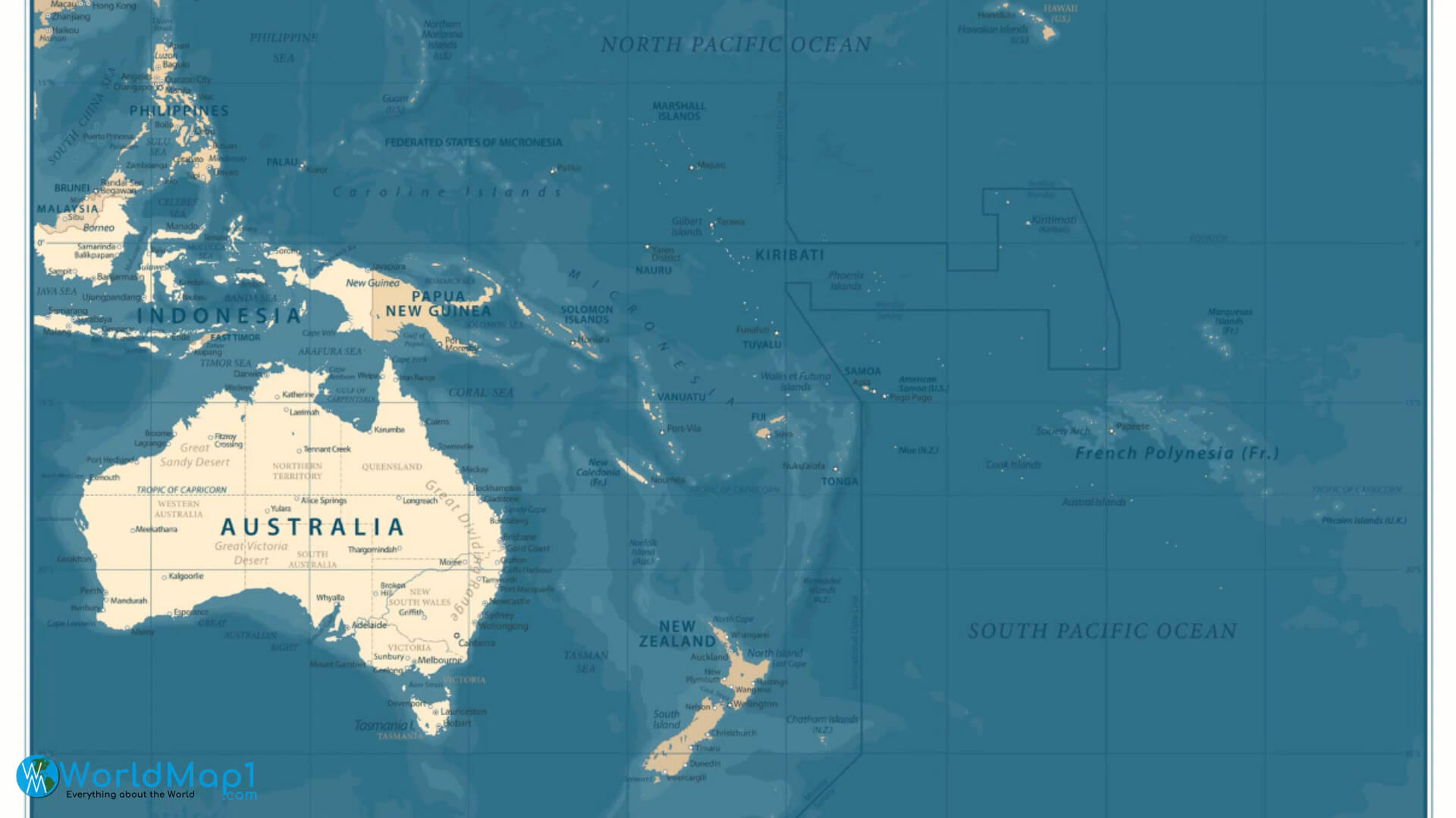 Australia and Oceania Map with Pacific Ocean